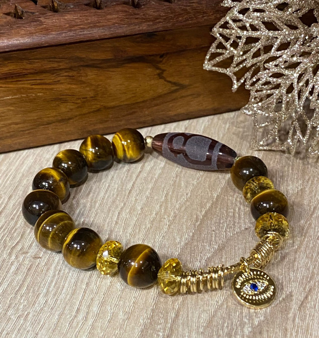Бусина Дзи "Бог Богатства" в браслете из тигрового глаза и цитрина