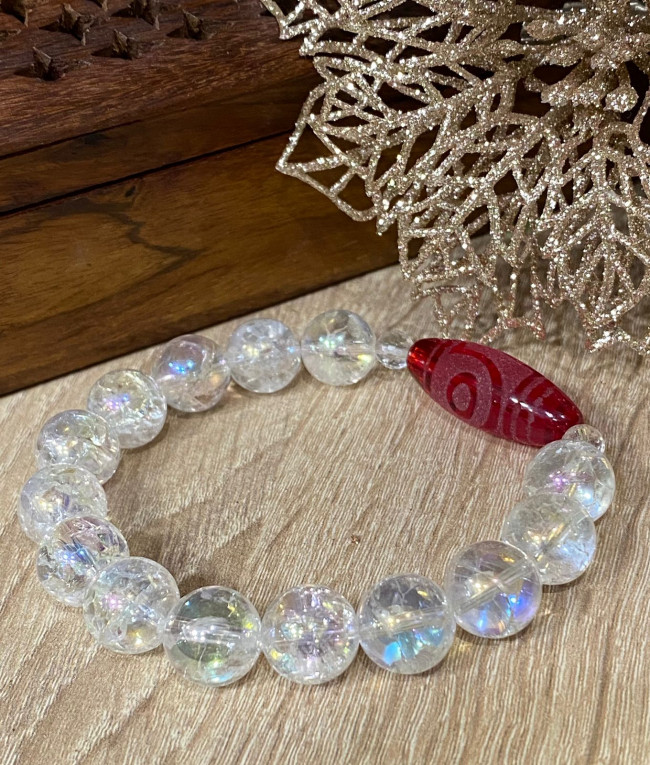 Бусина Дзи " Два глаза" в браслете из перламутрового сахарного кварца