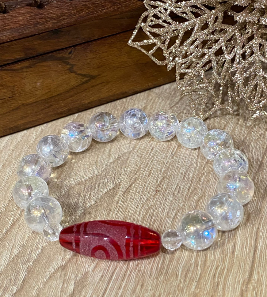 Бусина Дзи 'Два глаза' в браслете из перламутрового сахарного кварца