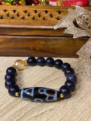 Бусина Дзи "Счастливый Будда" в браслете из агата blue send и цитрина