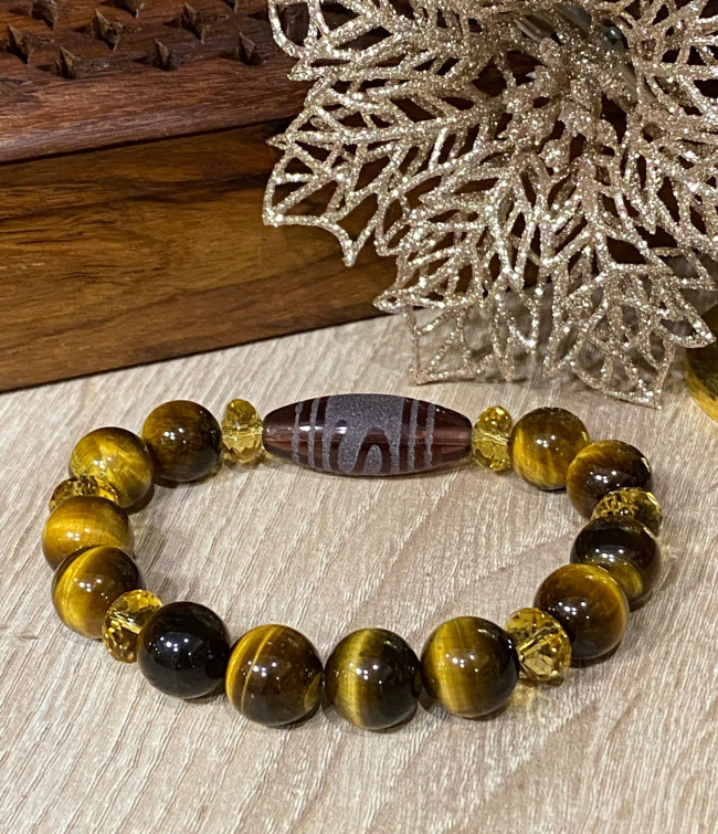 Бусина Дзи "Денежный крючок" в браслете из тигрового глаза и цитрина